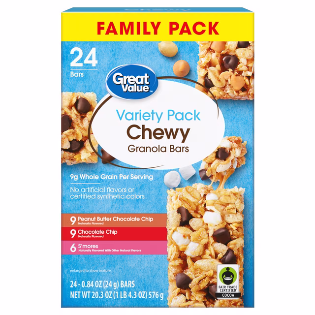 Great Value Chewy Granola Bars Variety Pack office supplies to buy in bulk for small businesses