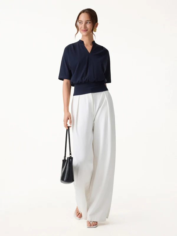 Stand Collar V-Neck Short Sleeve Top business casual outfits for women