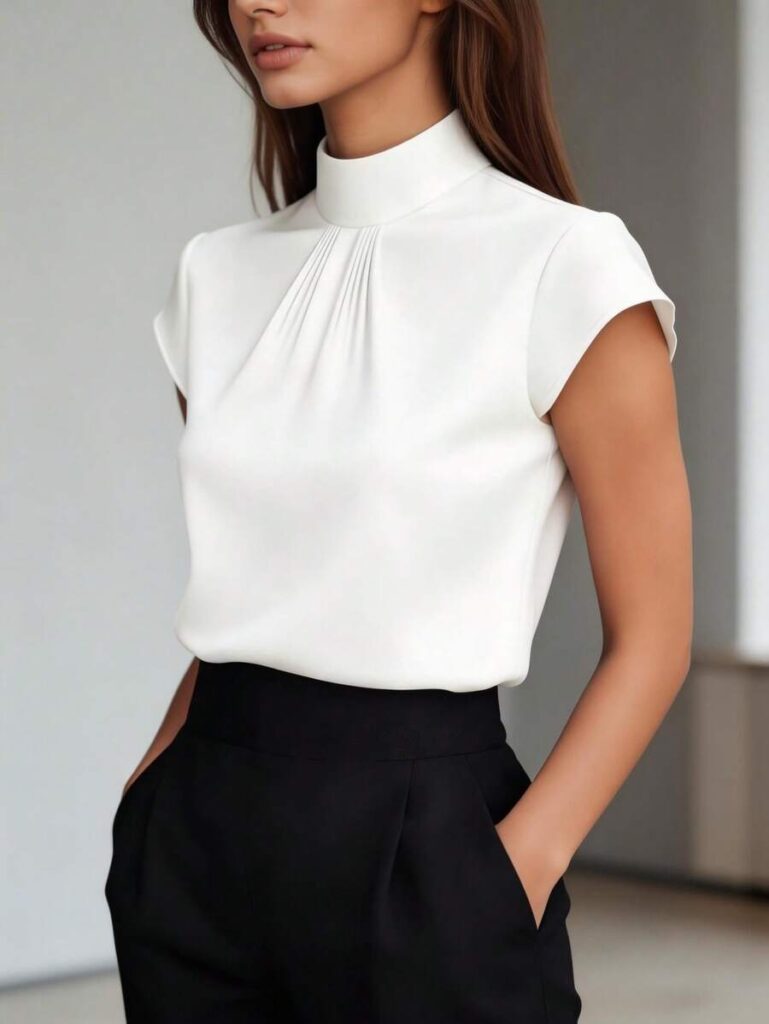 Women's Elegant Mandarin Collar Short Sleeve Blouse business casual outfits for women