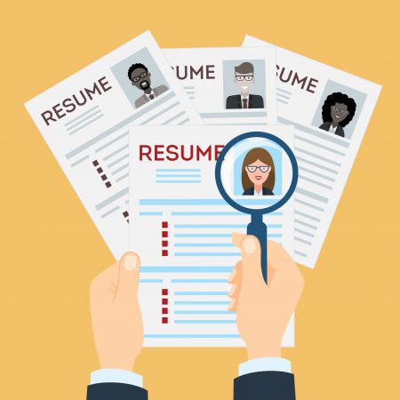 Resume tips - woman resume with magnifier at the table. Cv resume concept. Finding a worker. Apply for a job. Business opportunity. Cv profile.