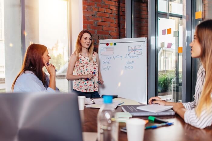 hybrid workspace strategy Work Remotely - How To Make $1000 A Week 3 women working in office meeting presentation collaboration