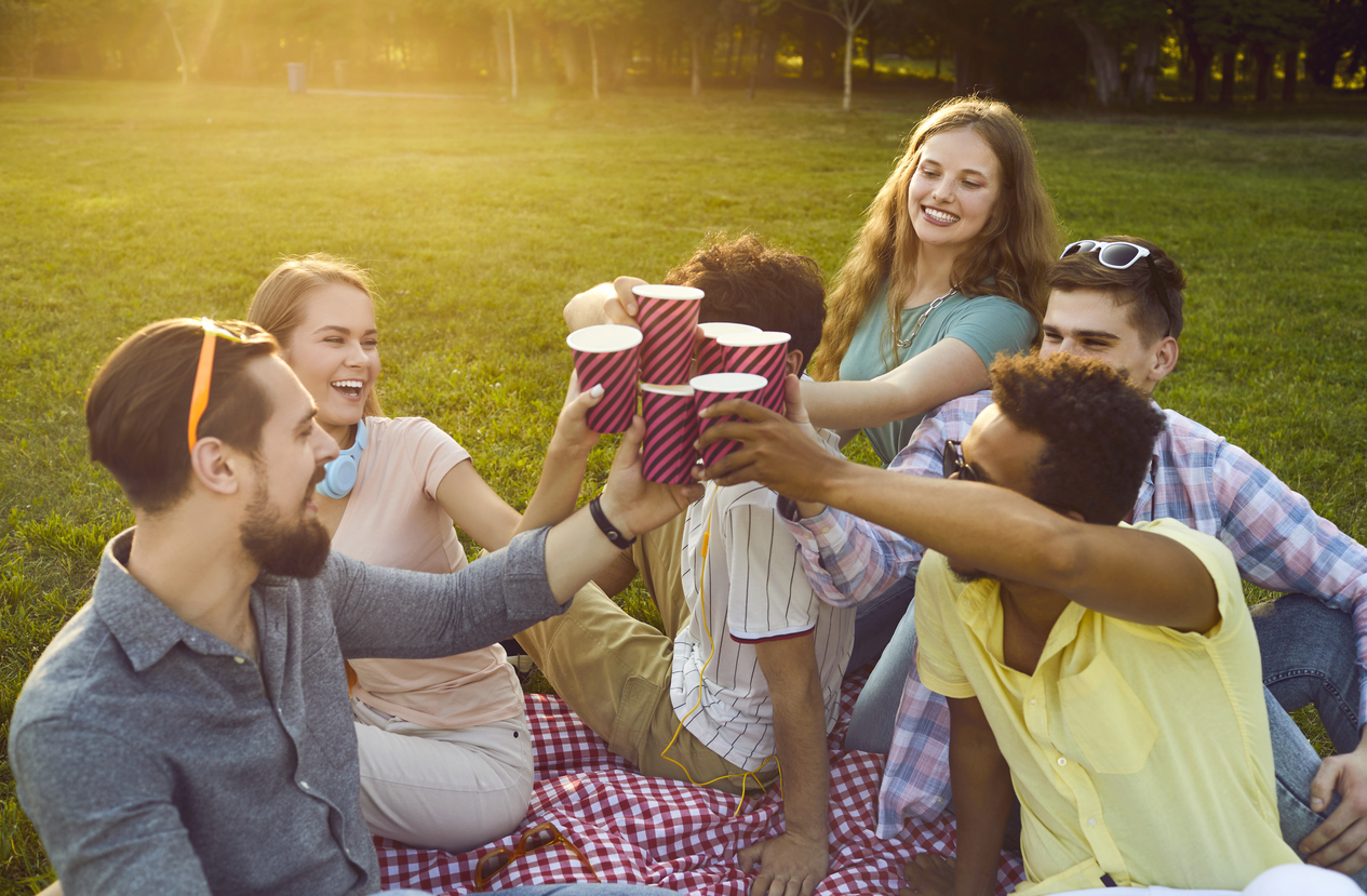how to plan a company picnic Diverse young friends celebrate start of summer vacation at outdoor party in park. Happy carefree people chill on blanket on ground, drink beverages, raise plastic cups, enjoy free time, and have fun