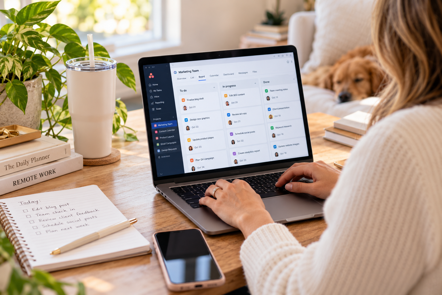 best productivity apps for remote teams woman working on the computer looking at apps