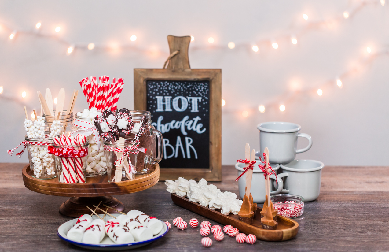 Hot chocolate station with variety of topppings. how to keep guests warm and welcomed