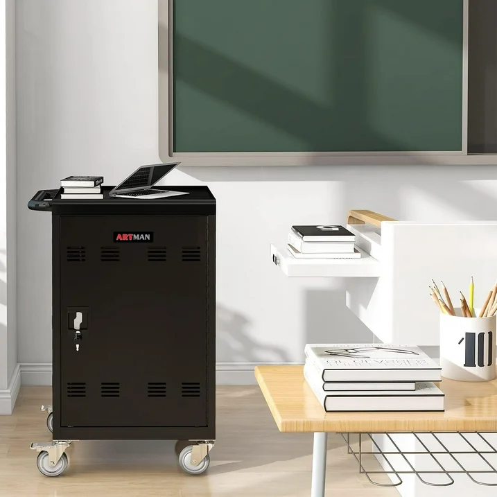 a black metal locker with a laptop on top classroom supplies