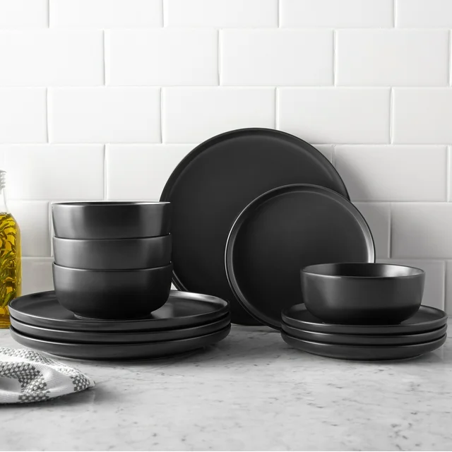dinnerware hotel supplies Mainstays Alessandra 12-Piece Stoneware Dinnerware Set Matte Black
